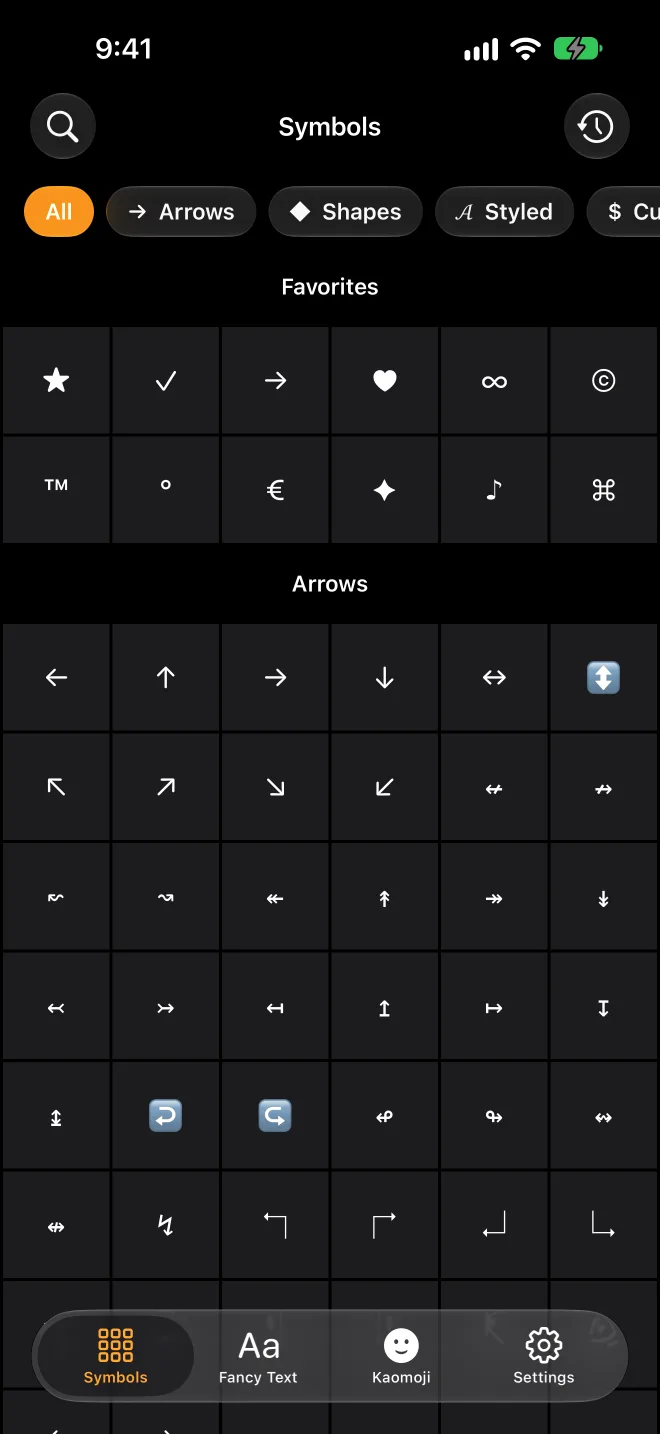 Symbols app home screen: a grid of favorite symbols and arrows
