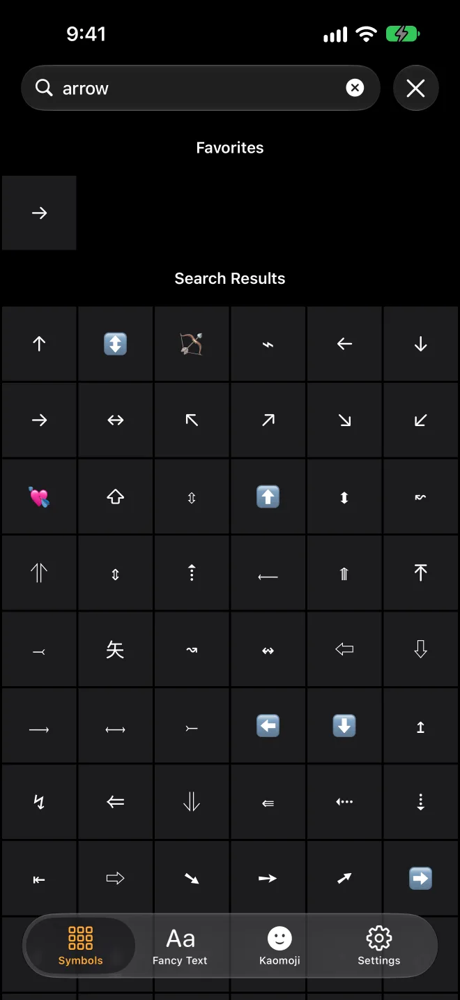 Searching for arrow characters in Symbols