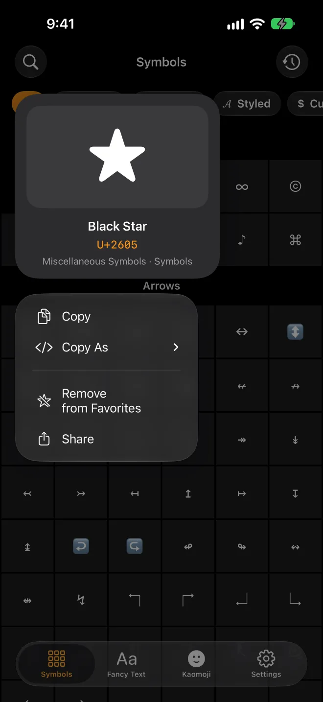 Character details with copy options for Unicode, HTML and CSS