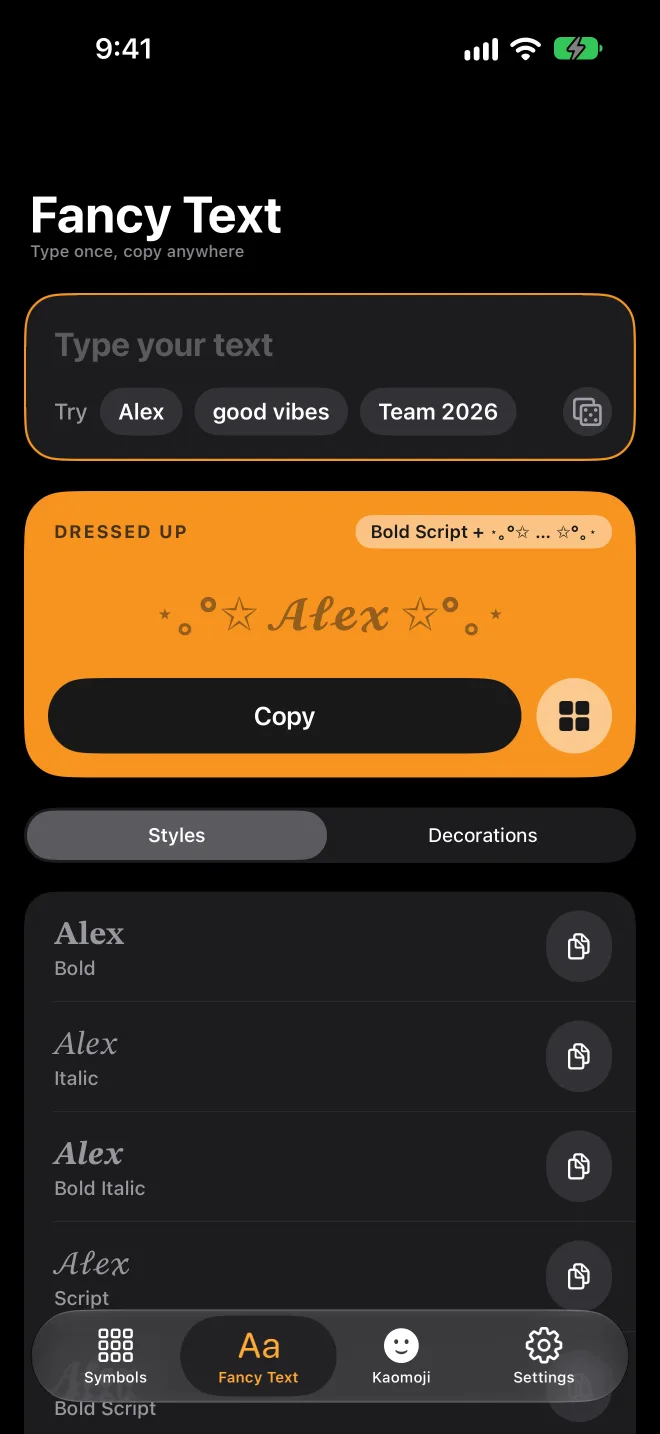 Fancy Text screen showing a name in bold, italic and script
