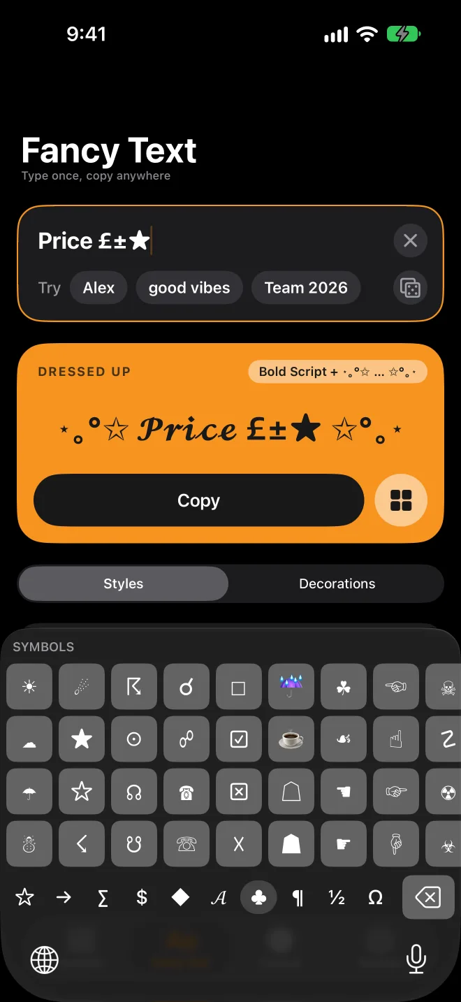 The Symbols keyboard open in a messaging app